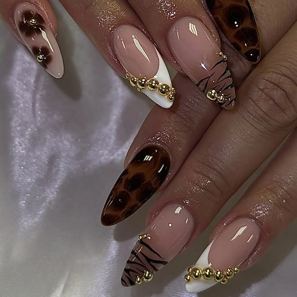 24PCS French Leopard Print Press on Nails Autumn Golden Pearl Brown Flowers Almond False Nails for Women Wearable Nail Manicure