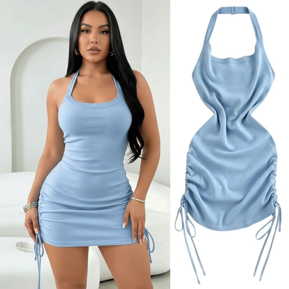 Y2K Solid Color Halter Neck Dress Sleeveless Design Drawstring Mini Dress Ruched Side Stretchy Knit Sundress Women Summer Wear