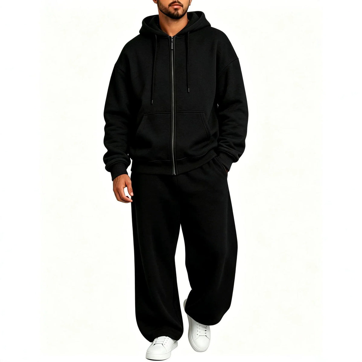 Women's Autumn Winter Fleece-lined Warm Tracksuits Zip-up Hooded Sweatshirt And Drawstring Pants Two Piece Set