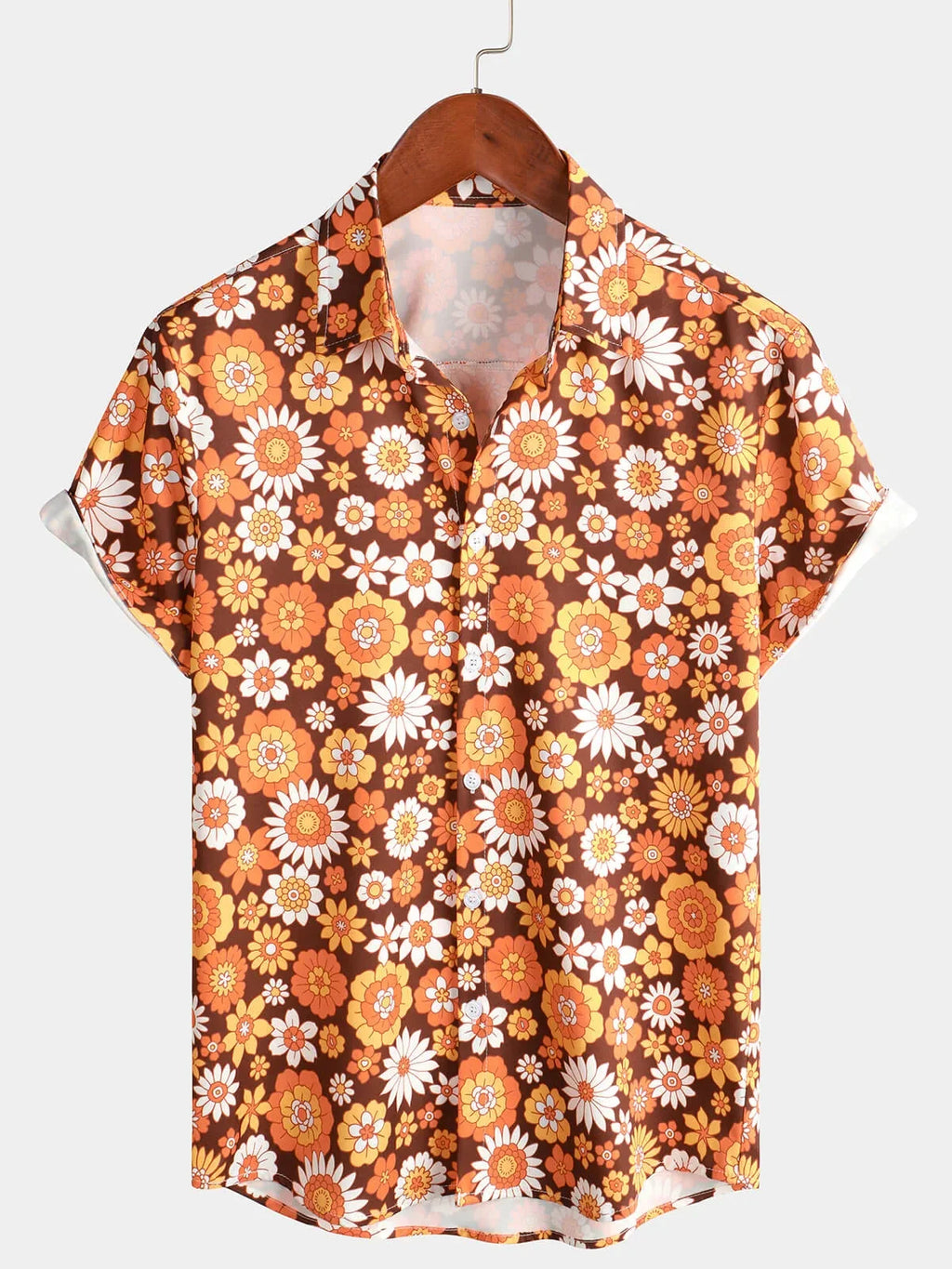 Mens Floral Vintage Flower Button 70s Theme Disco Party Short Sleeve Beach Summer Shirt