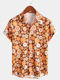 Mens Floral Vintage Flower Button 70s Theme Disco Party Short Sleeve Beach Summer Shirt