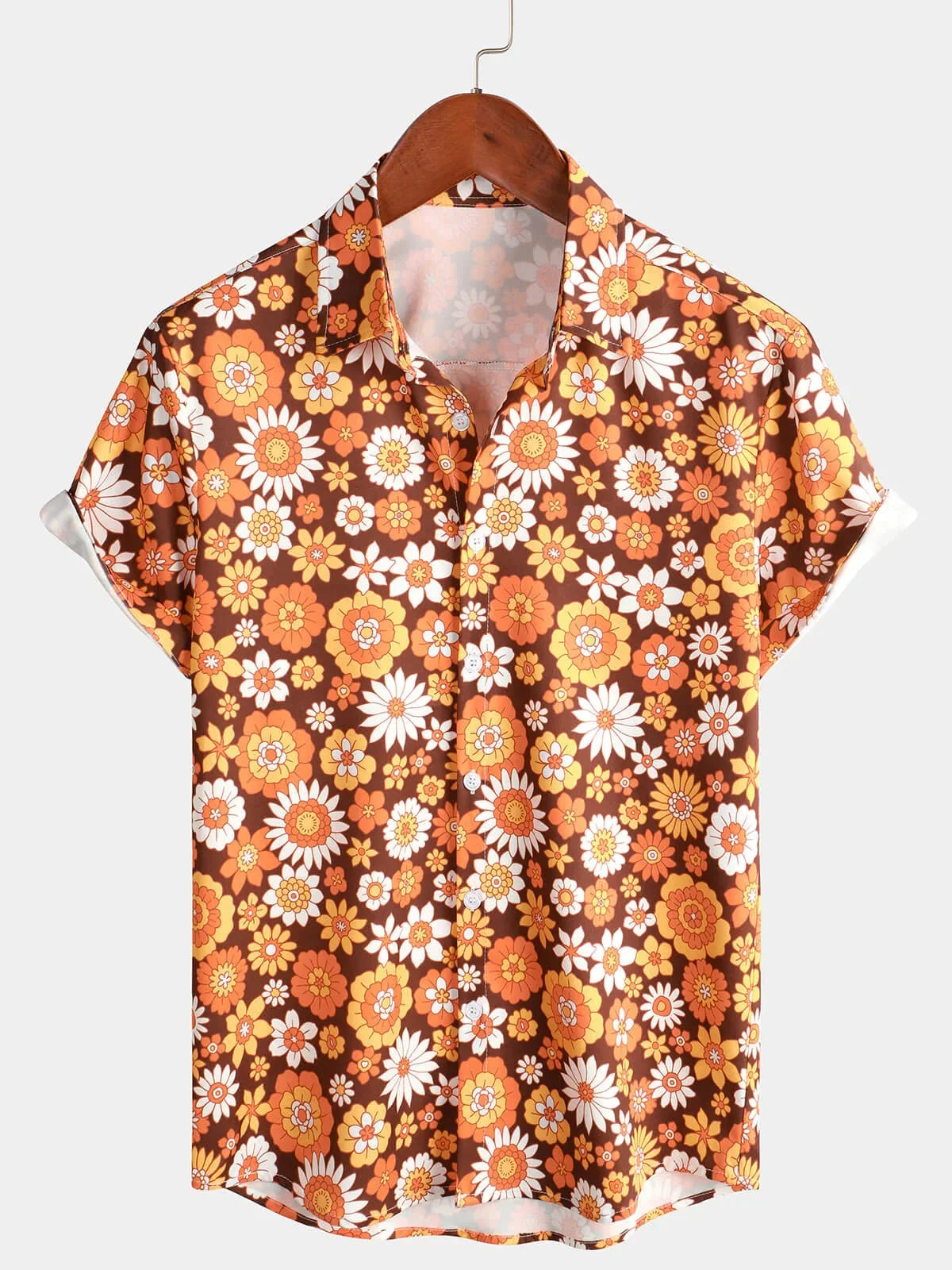 Mens Floral Vintage Flower Button 70s Theme Disco Party Short Sleeve Beach Summer Shirt