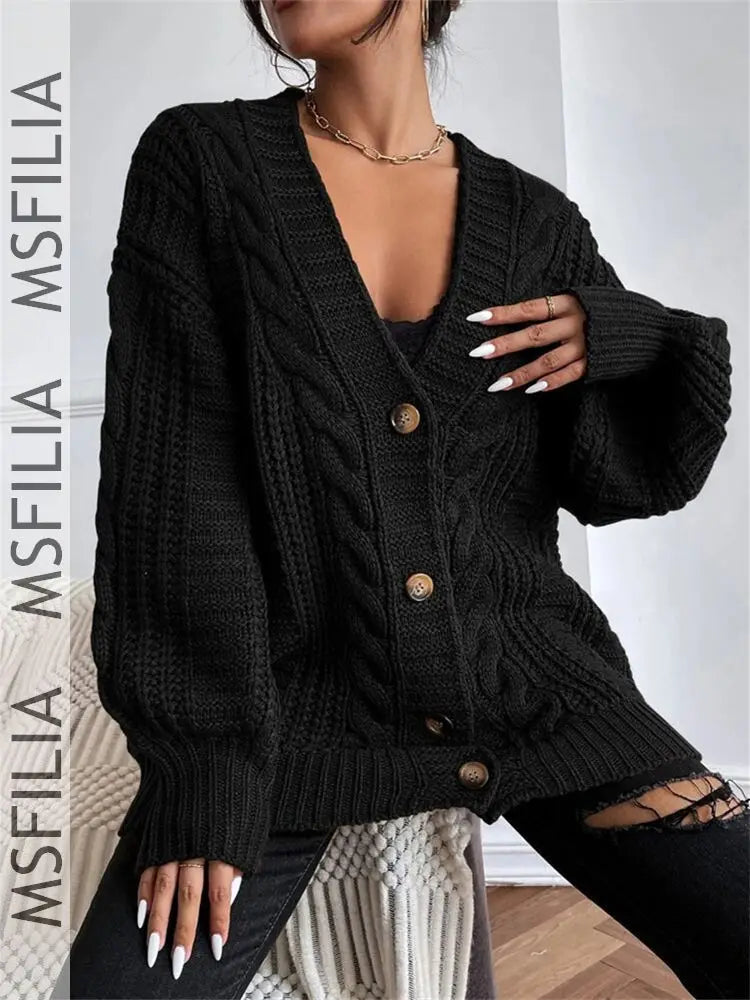 Msfilia Women's Fall/Winter Solid Color Cable Knit V-Neck Cardigan, Balloon Sleeve Loose Single Breasted Sweater Coat