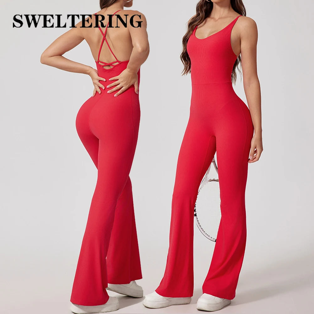 Women Thread Yoga Jumpsuit Sleeveless Gym Tracksuits Flared Overalls Workout Bodysuits Sportswear Female Sports One-Piece Outfit