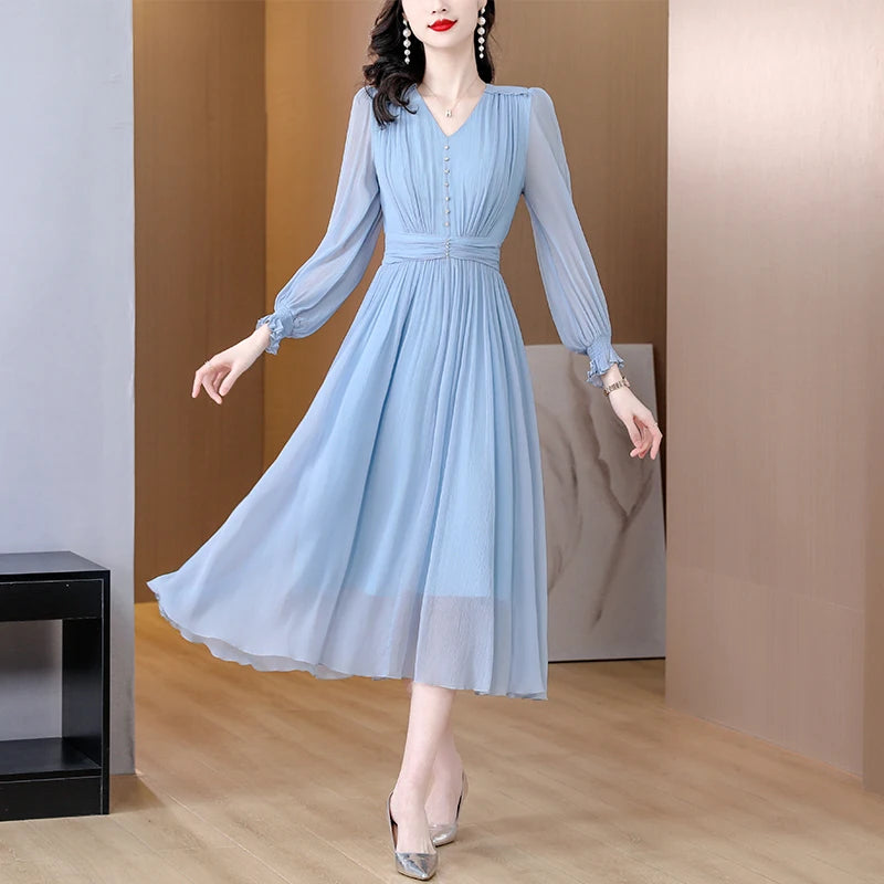 Blue Silk Long-Sleeved Dress For Spring Women's 2023 New High-Mulberry Silk Mesh Stitching Shows Thin And Long Skirt