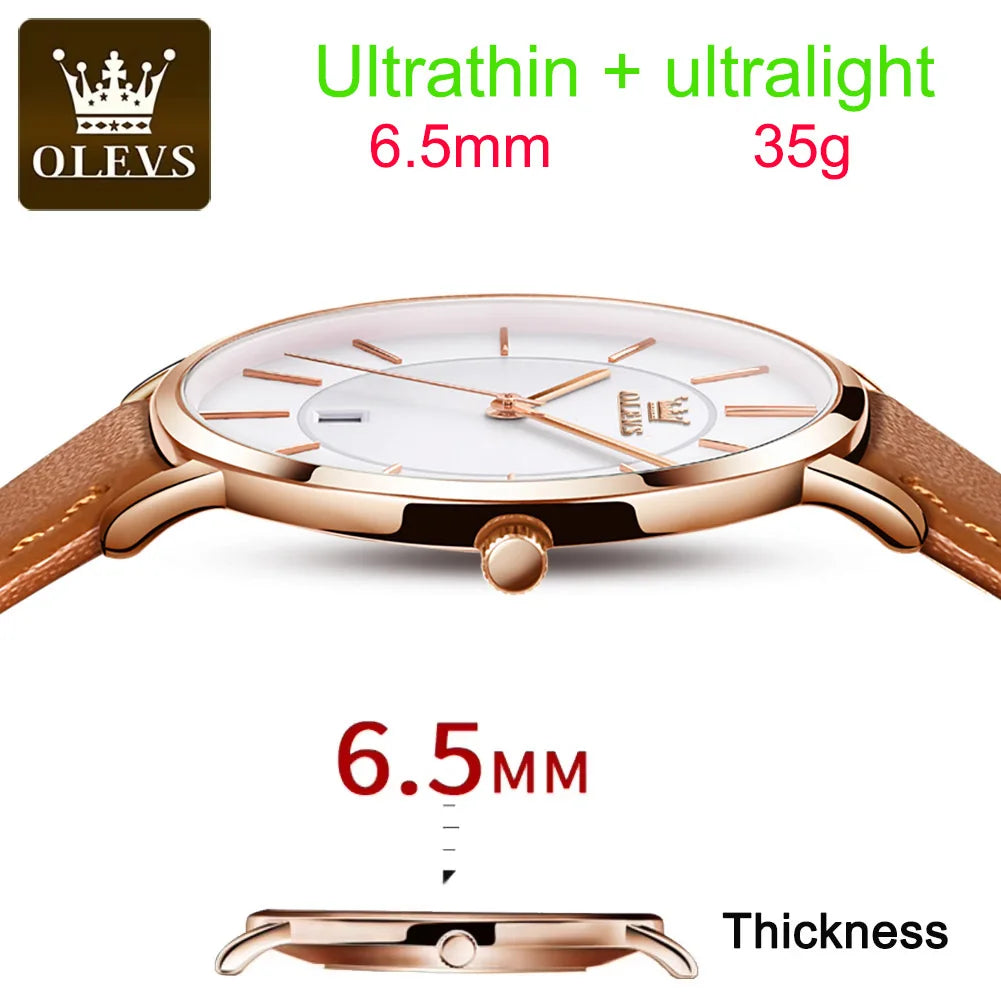 Top Brand OLEVS Ultra Thin 6.5mm Minimalist Fashion Quartz Watch for Men Leather Strap Auto Date Male Waterproof Mens Wristwatch