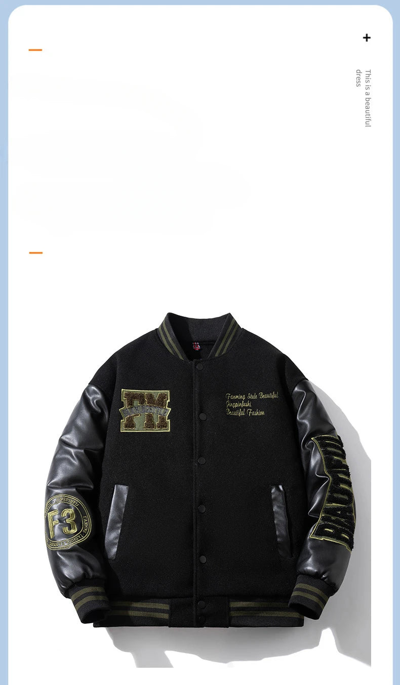 Vintage Letter Embroidered Baseball Jacket Cotton Coat Men's Winter Leather Sleeve Patchwork Woolen Thicken Overcoat