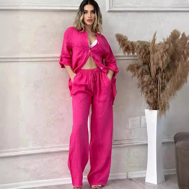 Women Two Piece Sets Spring Autumn Casual Long Sleeve Pocket Shirts 2 Piece Set Fashion Loose Wide Leg Pants OL Work Suit Outfit