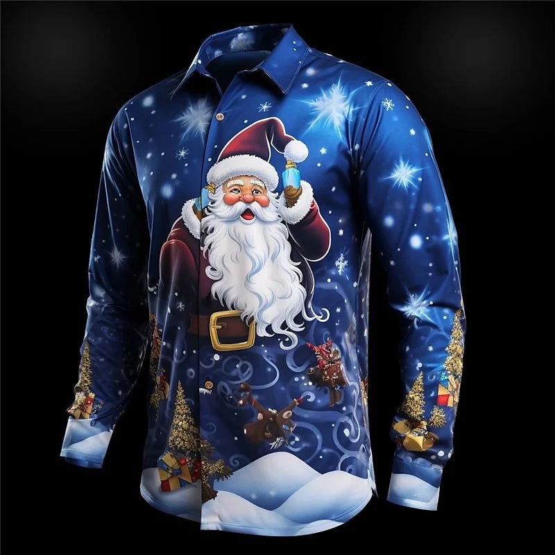 Christmas Fireworks: Santa Print Men's Long Sleeve Shirt, Men's Fashionable Party Christmas Shirt, Four Seasons Casual Men's Shi