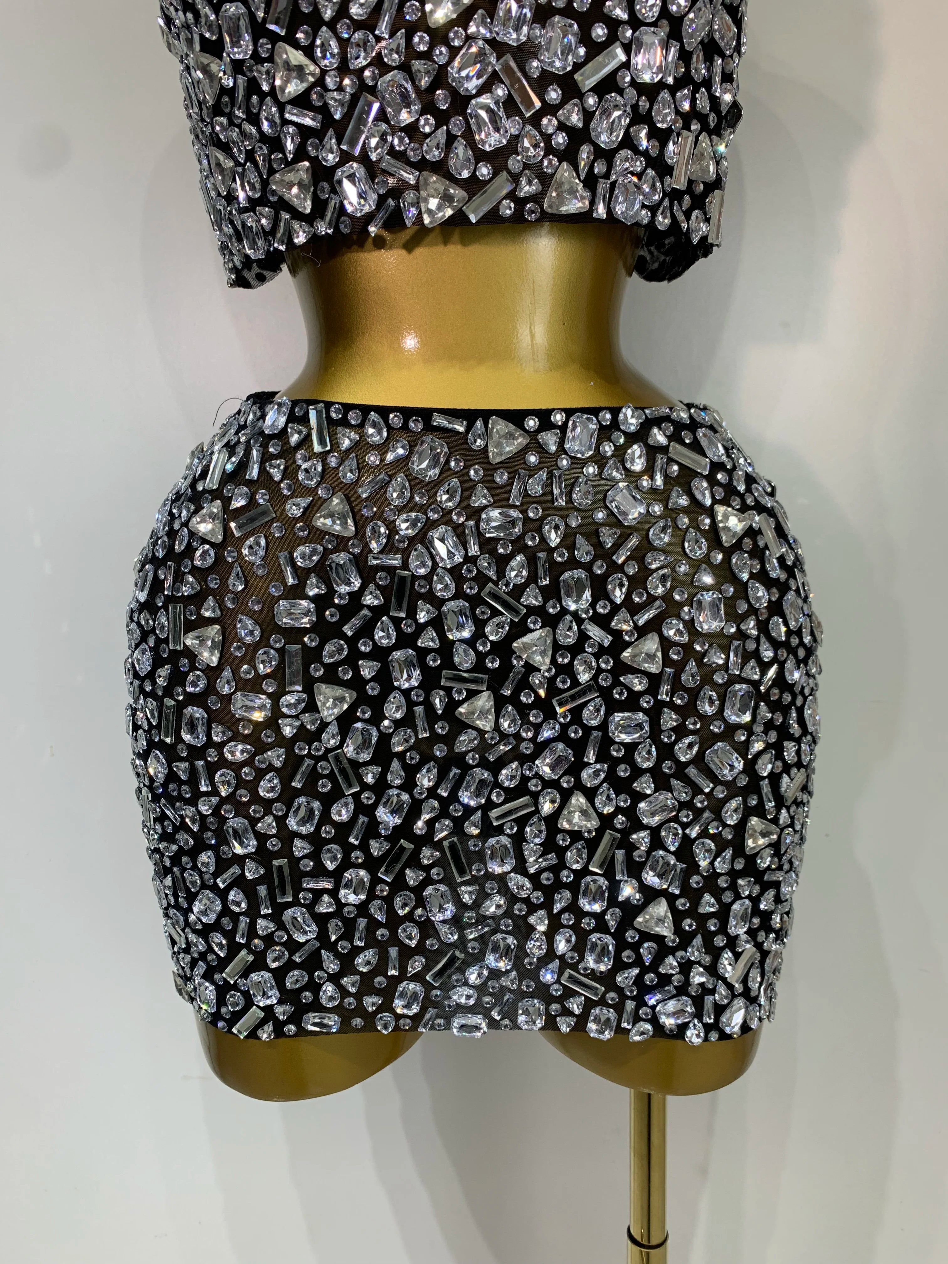 High Quality Sparkling Rhinestone Sexy See Through Blackless Top Skirt Two Pieces Set Woman Luxury Birthday Evening Party Gowns