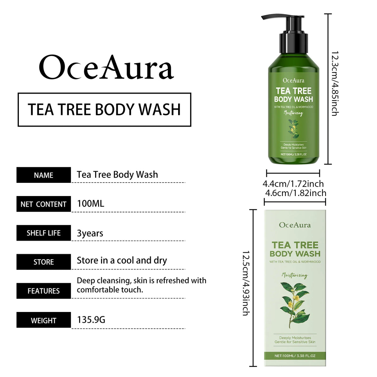 OceAura Tea Tree Body Wash Soothing Skin Relieve Skin Dryness Remove Excess Sebum Long Lasting Fragrance Moisturizing Shower Gel