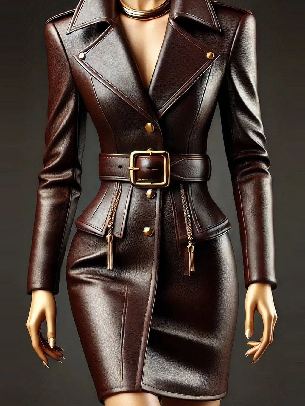 Women PU Leather Dress Lapel Collar Button Long Sleeve with Belt Casual Vintage Pockets Slim Elegant Office Lady Mini Dresses