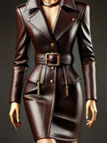 Women PU Leather Dress Lapel Collar Button Long Sleeve with Belt Casual Vintage Pockets Slim Elegant Office Lady Mini Dresses
