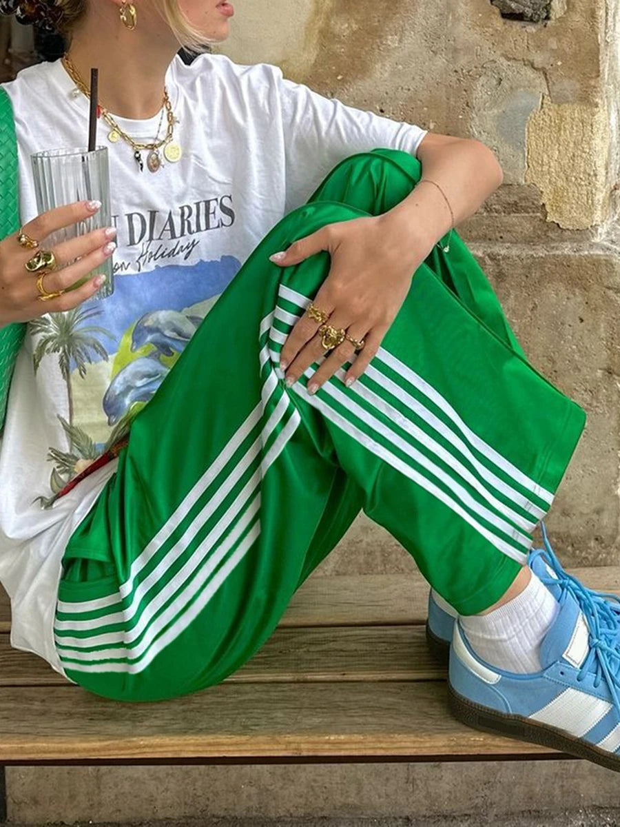 New Fashion Womens Striped Pants Loose Elastic Waist Drawstring Straight Leg Casual Sweatpants With Pockets Streetwear S M L