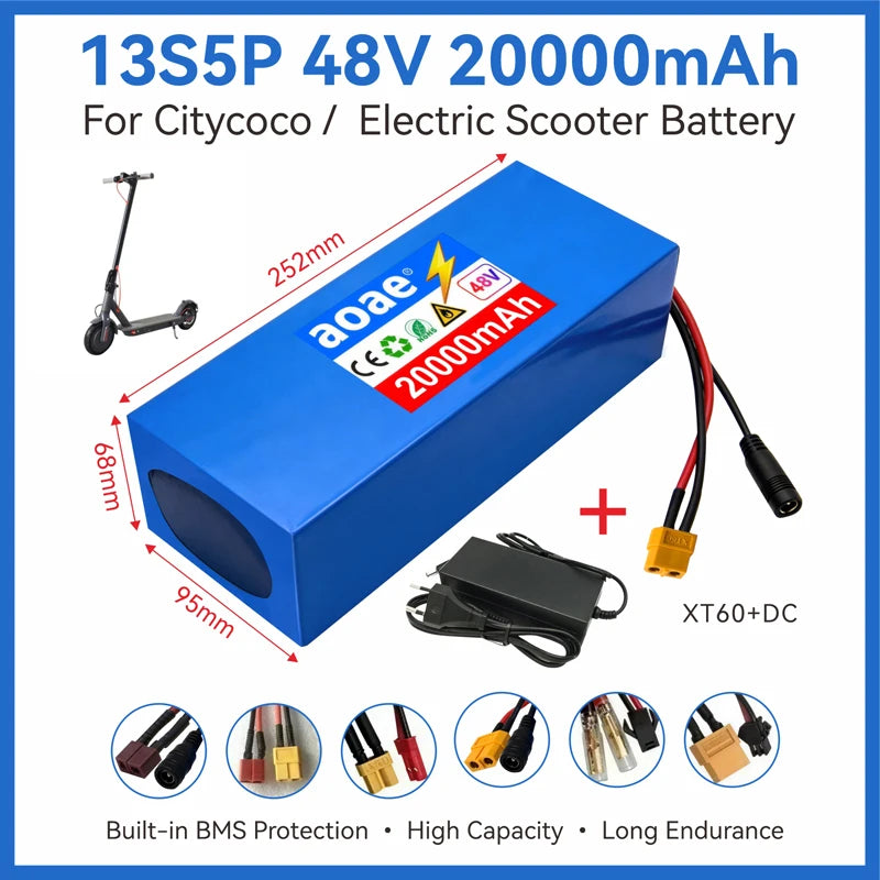 48V Scooter Battery 20Ah 13S5P A-Grade Cells 1000W-2000W Built-in BMS XT60 DC JST High Power Long Lasting for Electric Scooter
