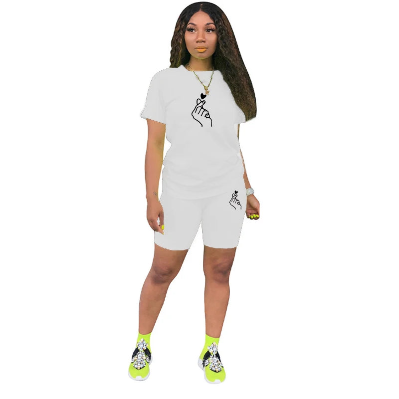 Women Solid Sporting Casual Two Piece Set Short Sleeve Tee Top Biker Retro Shorts Printed Pants Girl Tracksuit Gothic Outfits