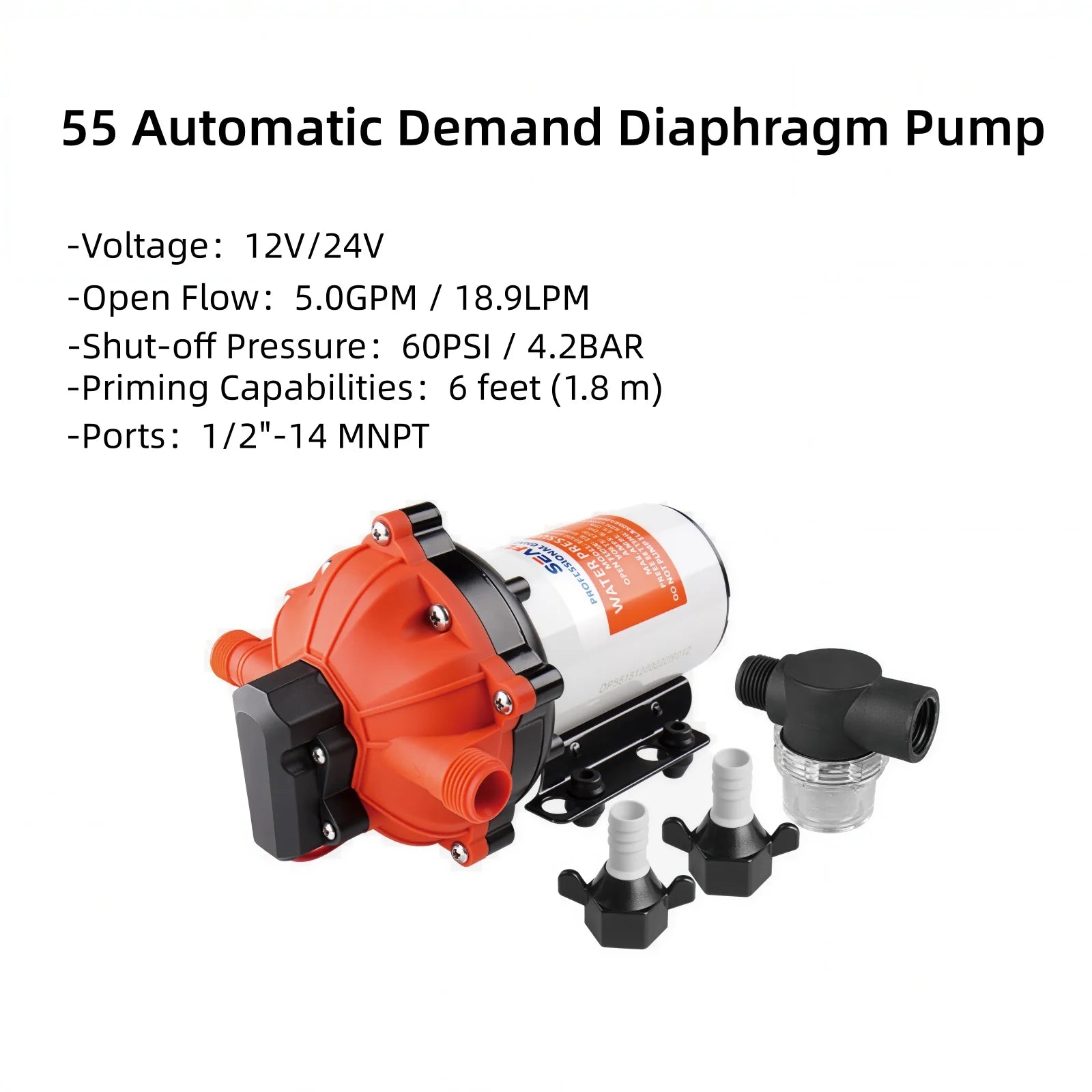 SEAFLO 55 Series 12V 24V Marine Self Priming Diaphragm Water Pump 5.0 GPM 60 PSI for Boat RV Camper Yacht