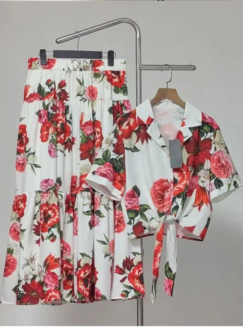 Retro Summer Women's New Two-Piece Lapel Single-Breasted Hem with Strapless Short Shirt + Elastic Waist A-Shaped Fashion Suit