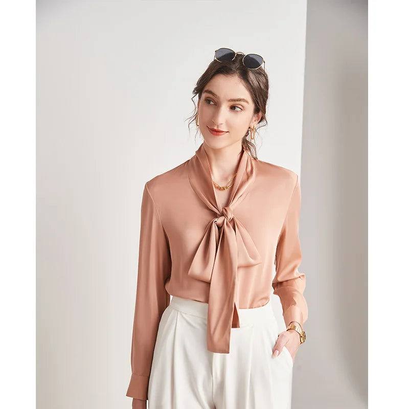 Spring Summer Silk Ribbon Blouse 90% Mulberry Silk Lace Up Long-sleeve Elegant Tops