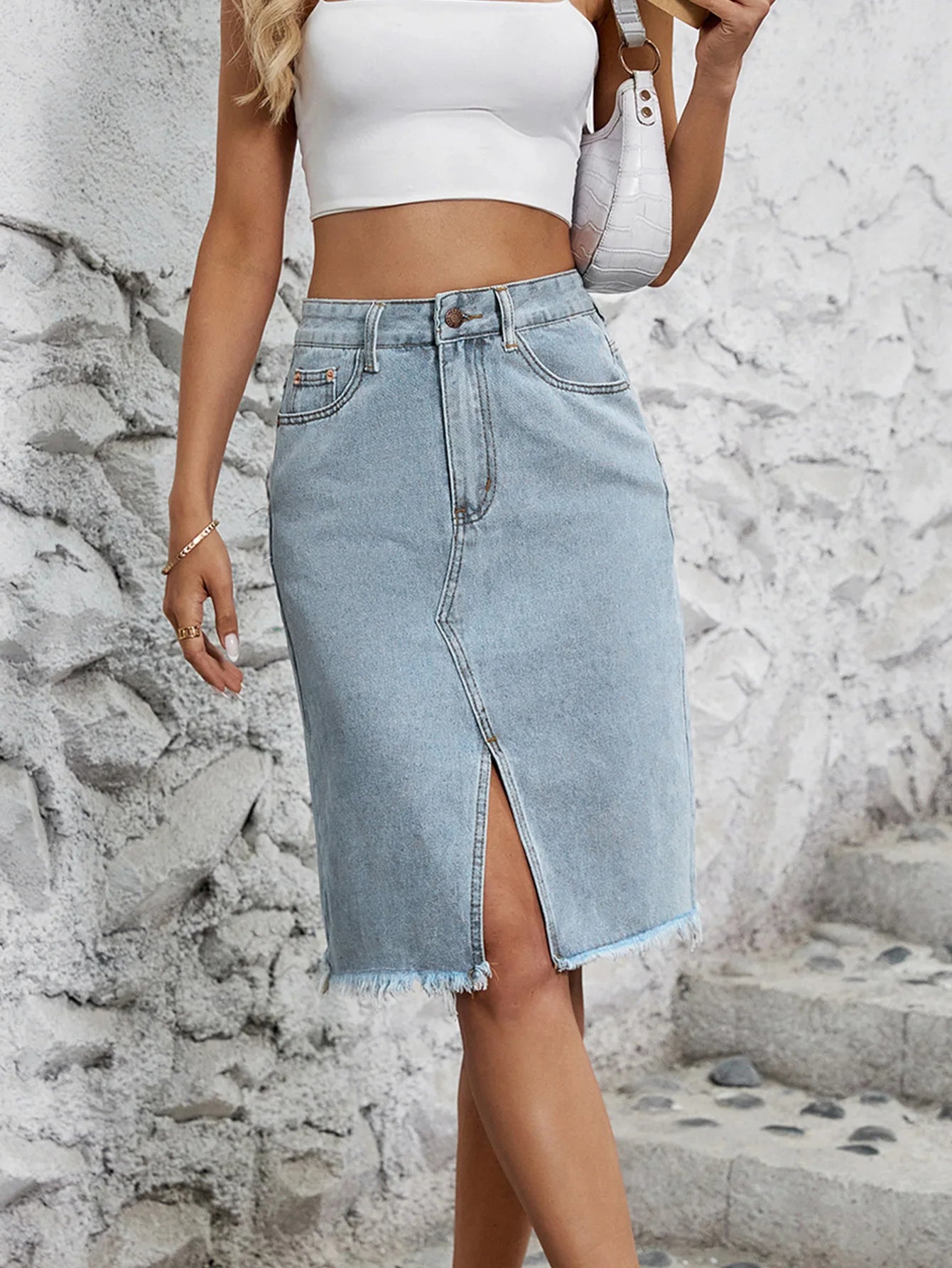 Fashion Midi Cotton Denim Skirt Women 2024 Casual Slim High Waist Asymmetrical Blue Jean Skirts Y2k Faldas Elegant