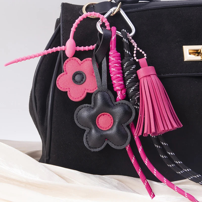 PU Leather Sunflower Keychain Cartoon Five Petal Flower Car Keyring Fashion Bag Pendant Contrasting Accessory