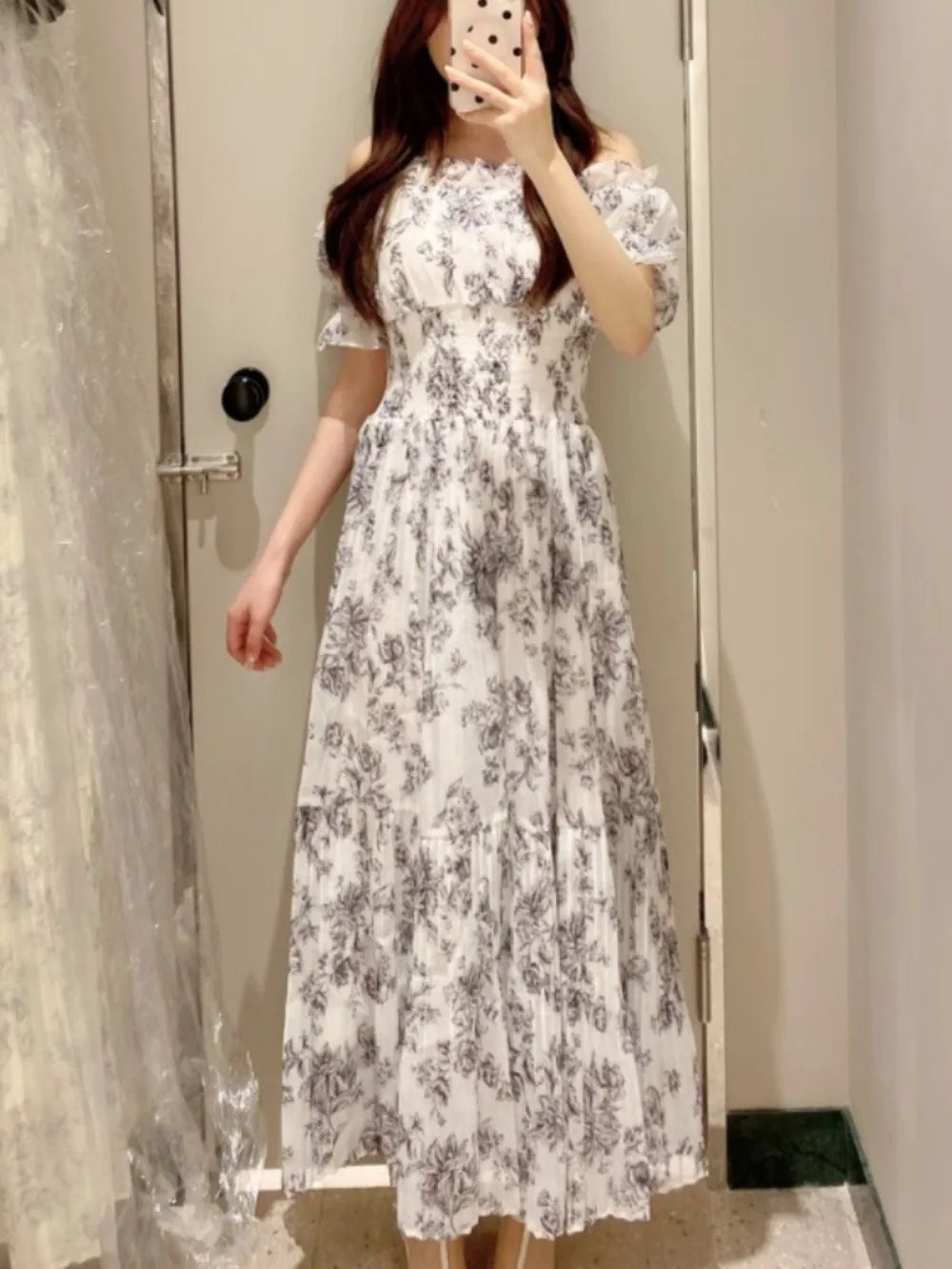 Kuzuwata Fairy Lovely Mesh Ruched Patchwork Robe Mid-length Puff Sleeve Off Shoulder Slim Mujer Japan Print Pleated Fresh Dress