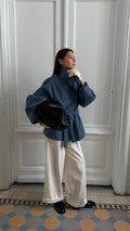 Women Casual Blue Lace-up Trench Coats Chic Stand Collar Full Sleeve Double Breasted Loose Windbreaker Lady Commute Coat 2026