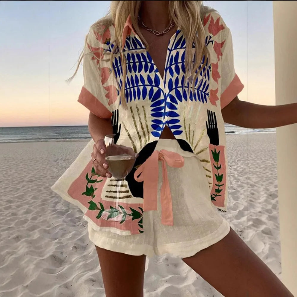 Personalized and Vibrant Beach Style 3D Digital Printed Loose Thin Shirt Casual Summer Women's Top Shorts Two-piece Set