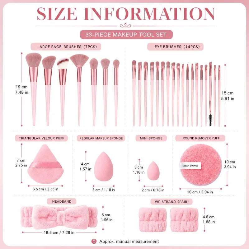 33Pcs Full Makeup Tool Kit, 13 Brushes + Sponges + Finger Puffs + Headband for Face Eye Makeup Daily Touch Ups Travel Kit