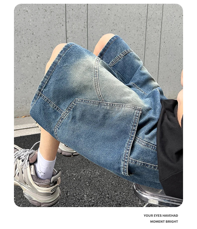 2026 Summer New Baggy Denim Shorts Fashion Casual Straight Harajuku Jeans Male Vintage Wash Drawstring Short Pants Streetwear