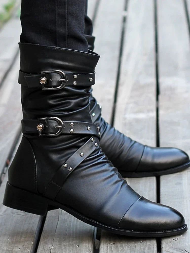 Men's Leather High Quality Mid Tube Boots Fashion Classic Autumn Winter Black Punk Rock Shoes Casual Men