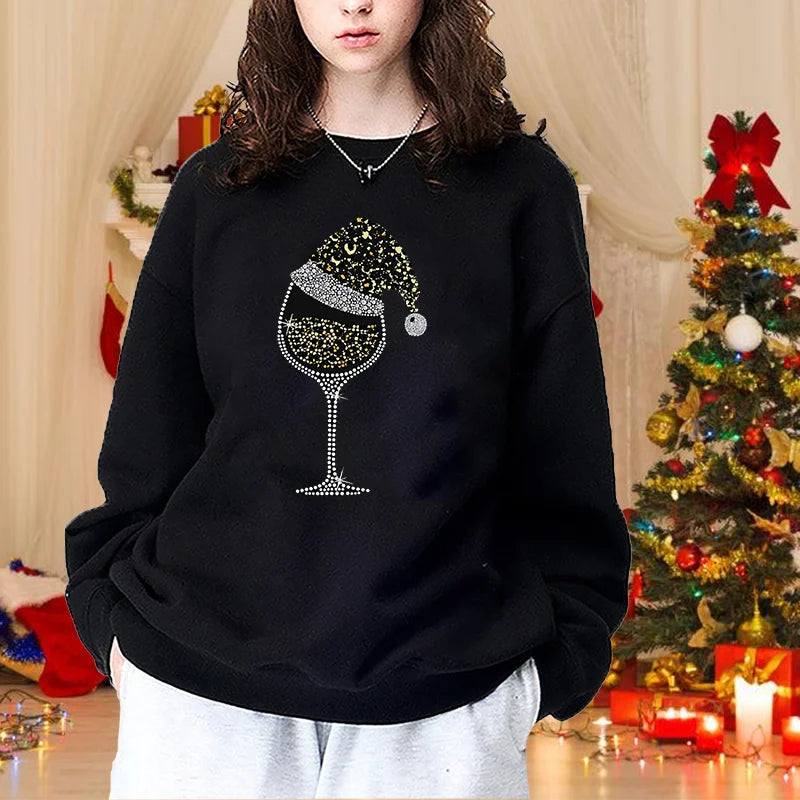 Autumn Winter Fashion Christmas Red Wine Glasses Woman Round Neck Pullover Christmas Casual Loose Sweater Red Wine Glasses Top