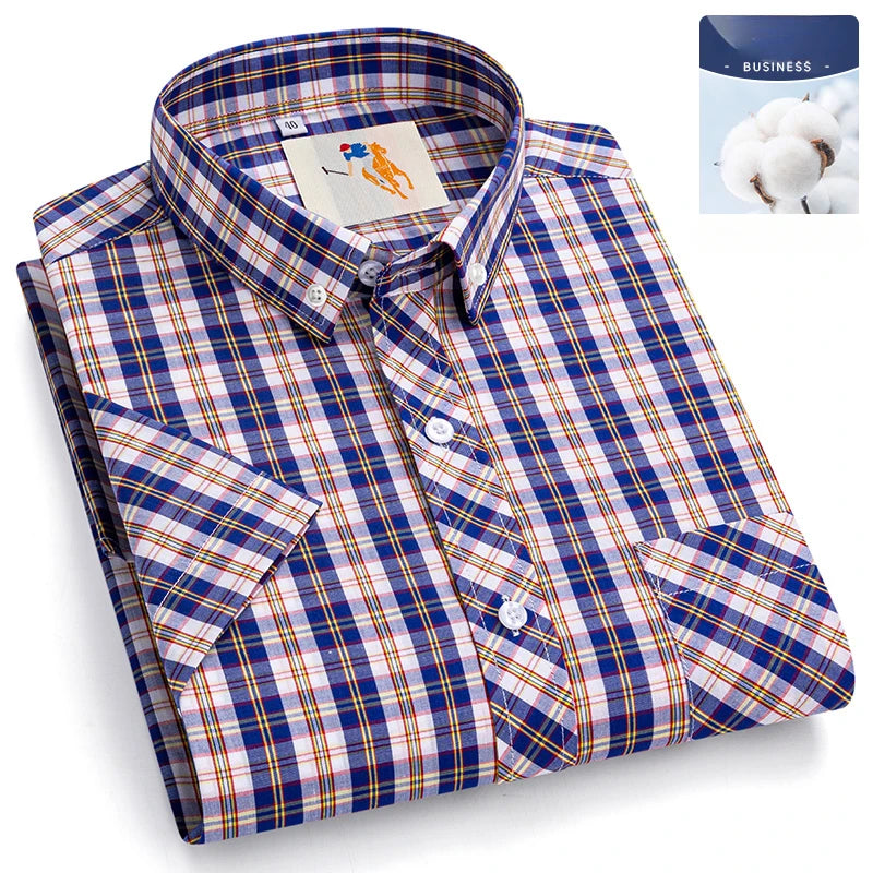 Fashion Korean Plus Size 8XL 100%Cotton Short Sleeve Shirts for Men Slim Fit Formal Plain Shirt Plaid Hawaiian Shirt Casual Top