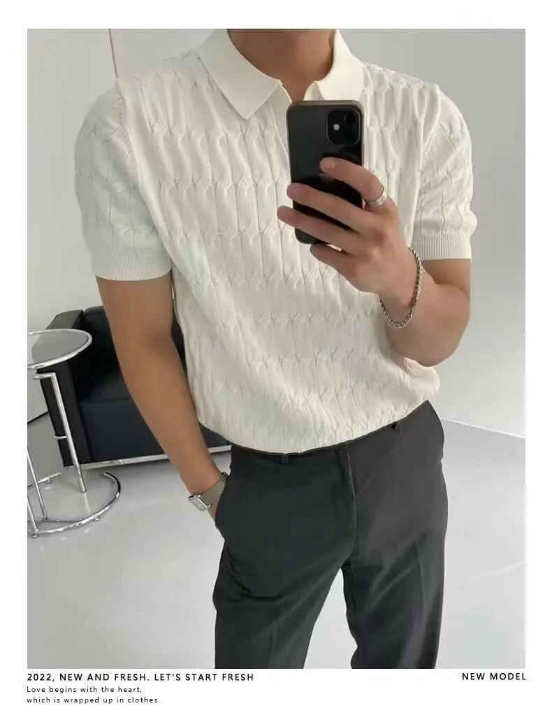 Trendy Polo Shirt for Men Summer Solid Color Top Versatile Knit Style Korean Short Sleeves Casual Fashion T-shirt