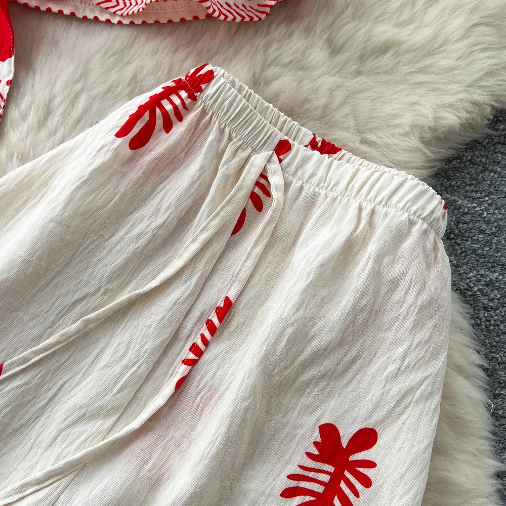 SINGREINY Boho Print Vacation Suits Summer 2026 Sleeveless Lace Up Tank Top+Loose Wide Leg Pant Chic Lazy Casual Women 2pcs Sets