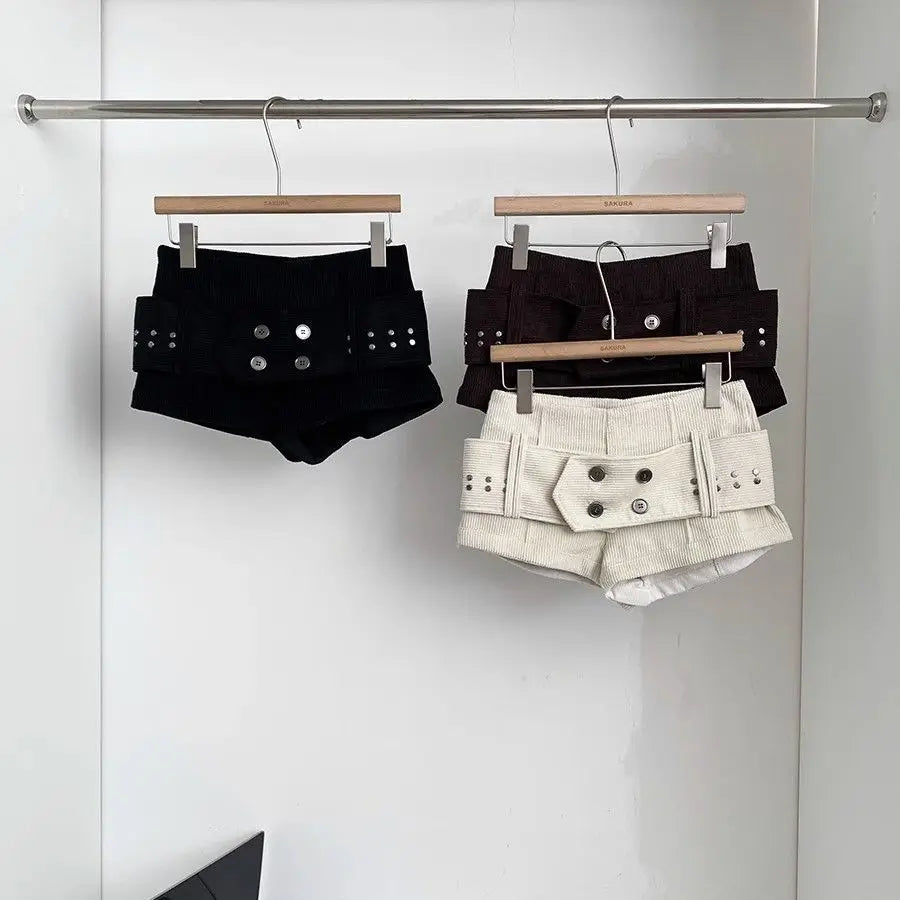 Retro Belt Low Waist Corduroy Shorts Women 2026 New Spice Girl Casual Y2k Shorts