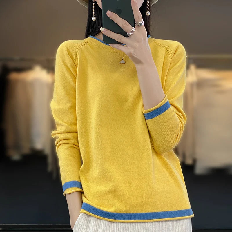 100% Cotton Knitwear Women's Round Neck Sweater Spring And Summer New Loose Color Matching Cotton And Linen Bottoming Shirt