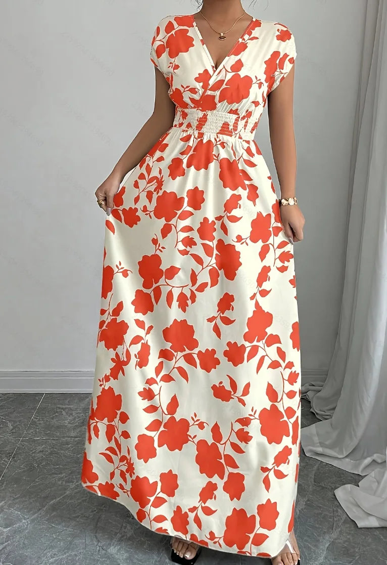 2026 Women's New Fashion Casual Daily Comfortable Elegant Lace-up Floral Print V-neck Short Sleeve Waist Women's Long Dress
