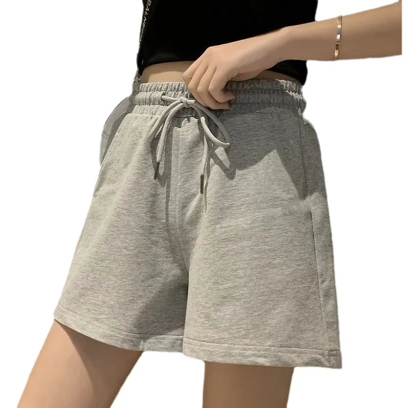 New Arrival Summer Women Casual Shorts High Waist Loose Fit Drawstring Waist Solid Color Hot Pants