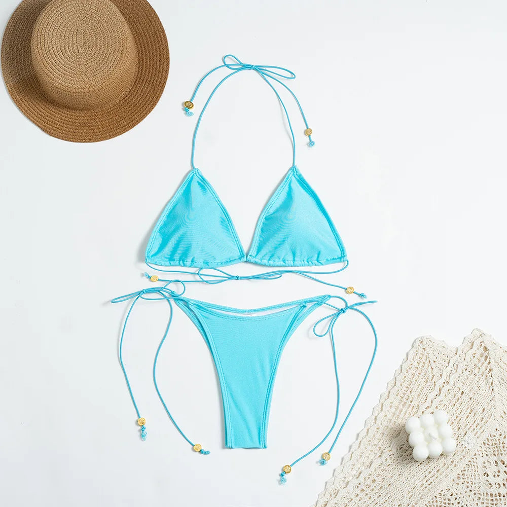 Women Bikini Two Piece Summer Sexy Halter Neck String High Waist Backless Solid Slim Holiday Beach Swimsuit Brazilian Swimwear