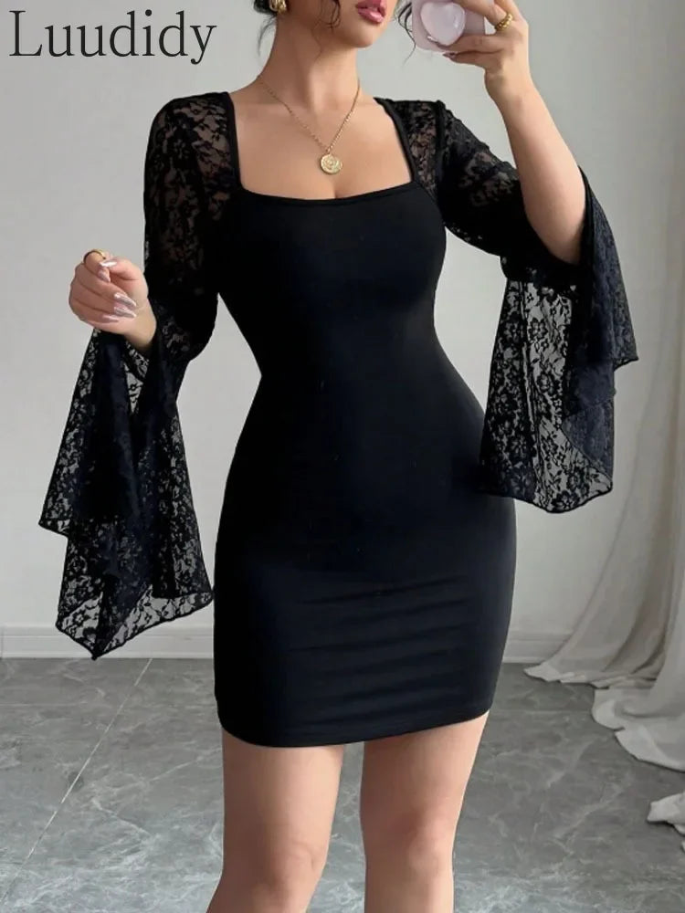 Women's Sexy Solid Color Square Neck Flare Sleeve Lace Spliced Skinny Mini Dress