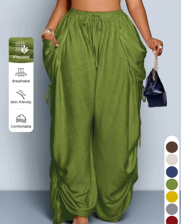 Loose Wide Leg Pants Drawstring Elastic Waist Pure Color Casual Trousers Women's High Waist Straight Cut Summer Fashion