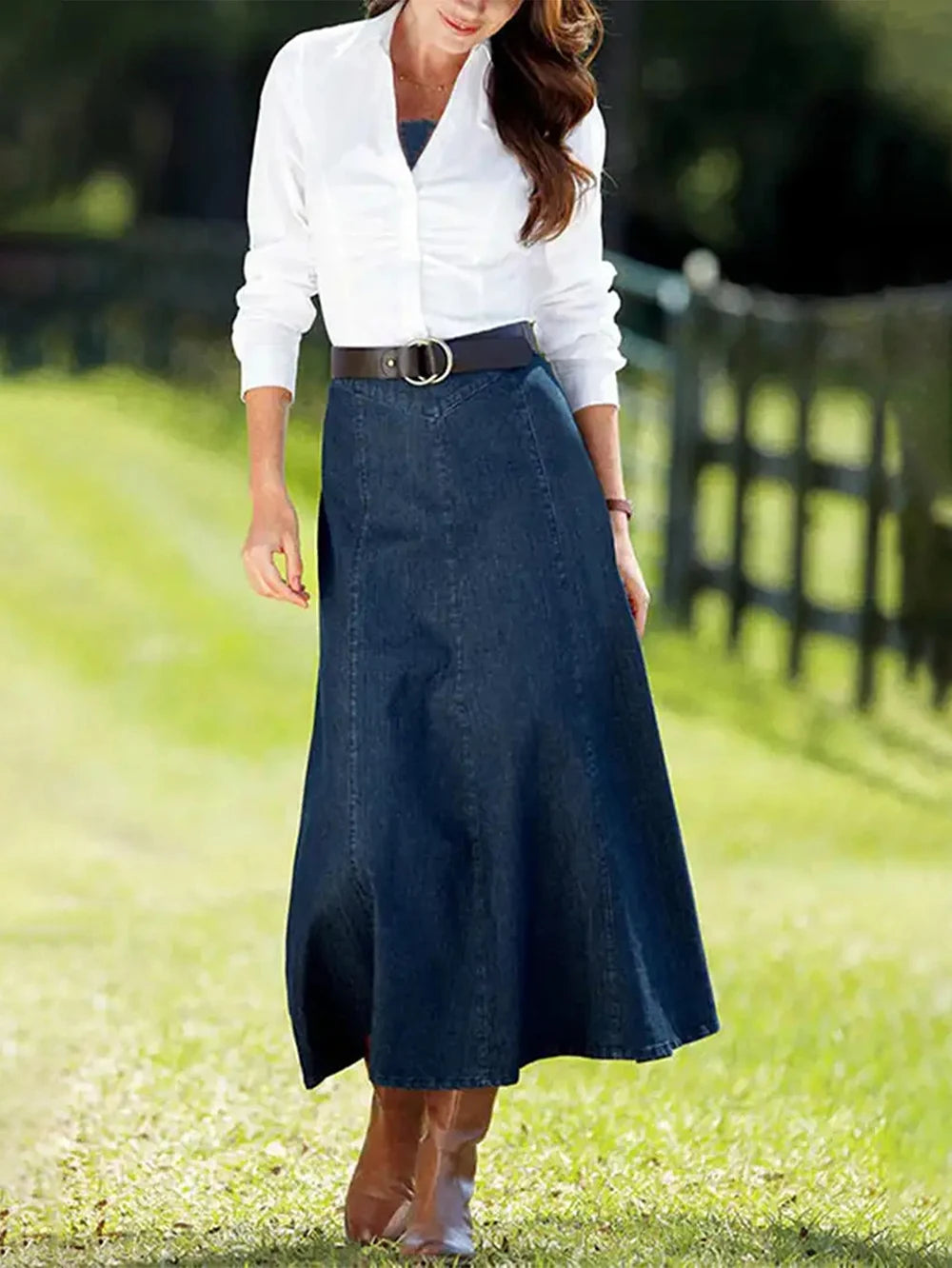 Denim Fabric Half Length Skirt Solid Color Clothes Simple Style  Casual Wear Stretch Fabric Dress A-Line Bottom Skirt