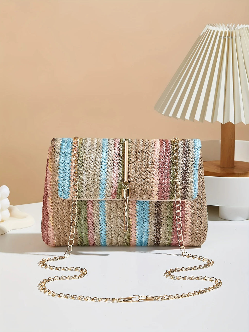 Chic Rainbow Stripe Straw Crossbody Bag for Women Adjustable Shoulder Strap Magnetic Closure Tassel Accent, Fashion Square Purse