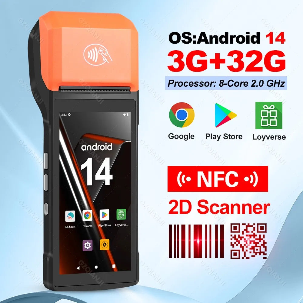Intelligent Mobile Handheld PDA Terminal Receipt Printer 5.5'' Touch Screen Wireless Connectivity 1D/2D Reader Android 13/14
