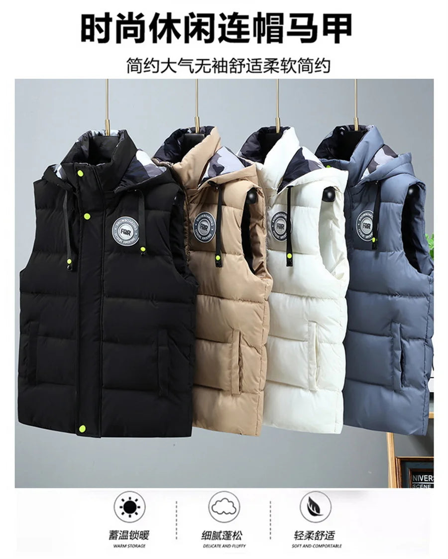Black Men Cotton Padded Vest Fashion Detachable Hooded Sleeveless Jackets Winter Warm Men's Clothes Male Thick Coat Big Size 5XL