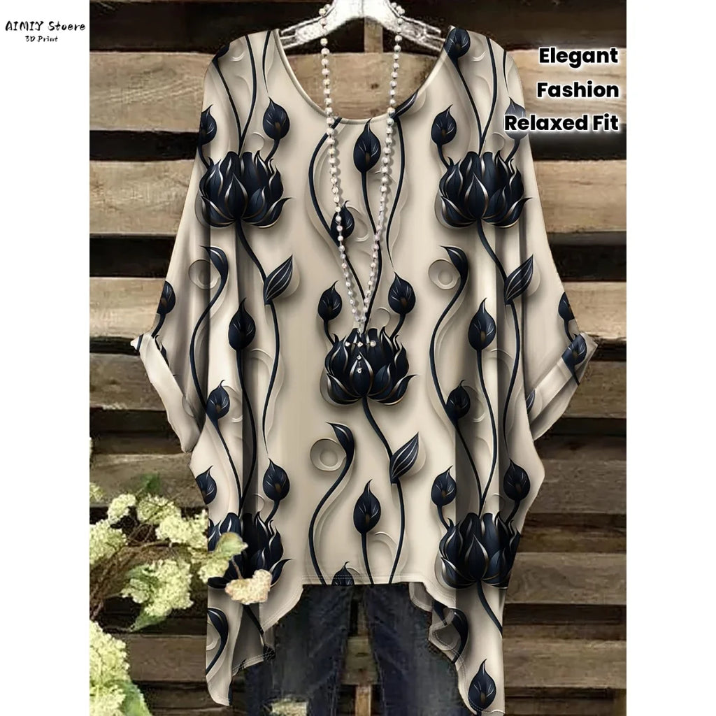 Women's Elegant Floral T-Shirt Relaxed Fit Round Neck Top Machine Washable Nontransparent Material Comfortable Clothing Casual