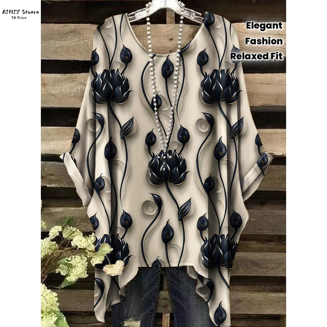 Women's Elegant Floral T-Shirt Relaxed Fit Round Neck Top Machine Washable Nontransparent Material Comfortable Clothing Casual