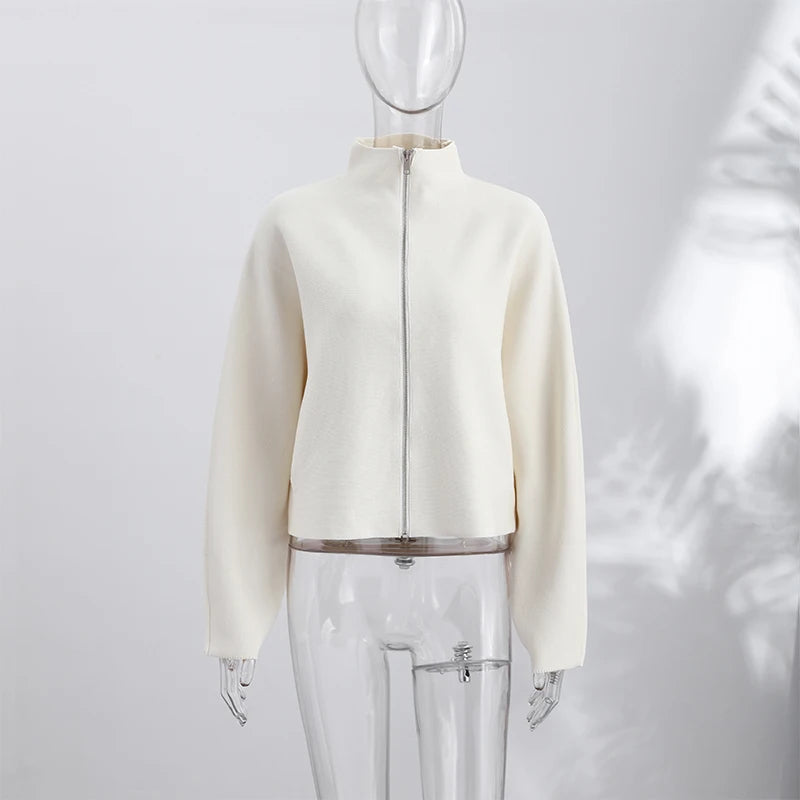 Elegant Knitted Zipper Women's Sweater Solid Full Sleeve Stand Collar Loose Open Stitch Female 2026 Fashion Autumn Outwear Lady