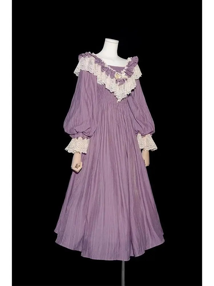 Nicemix Purple Classic Vintage Lantern Sleeve Lolita Dress Spring Lace Spliced Sweet Slimming A-line Dress